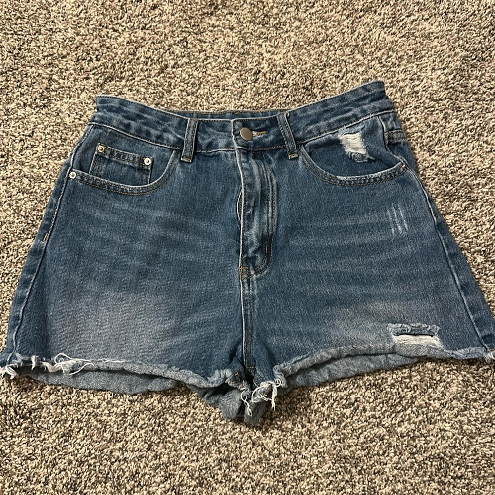 Mid-Rise A-Line Denim Shorts, Slightly Distressed, Medium Wash